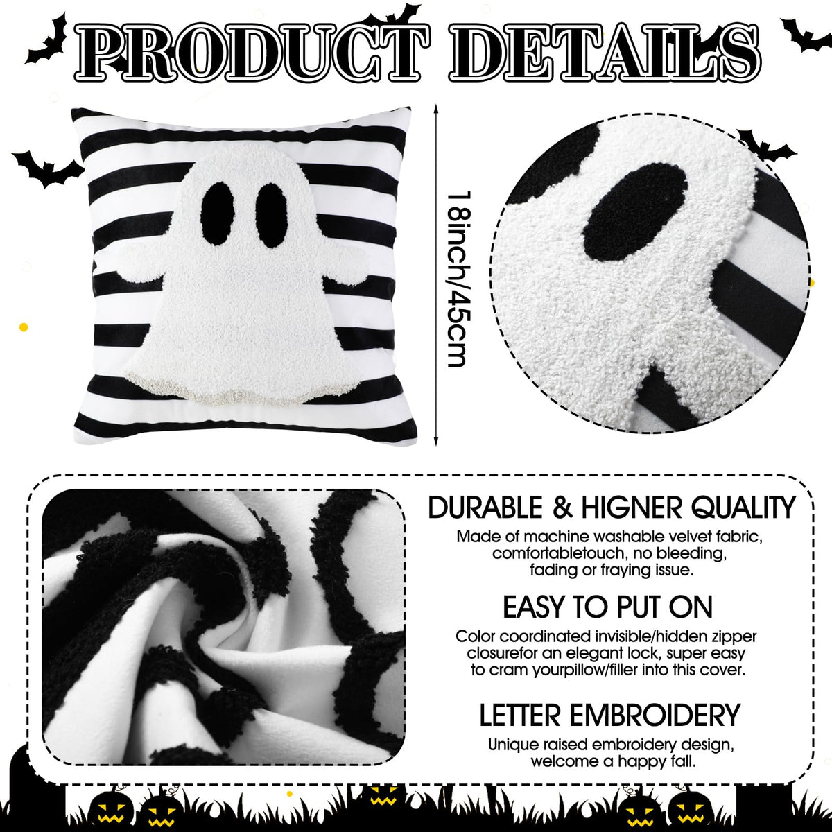 Beeveer 4 Pcs Halloween Throw Pillow Covers Set 18x18 Inch White Crochet Cute Ghost Pillow Case Embroidered Cushion Covers for Halloween Horror Farmhouse Couch Sofa Room Decor