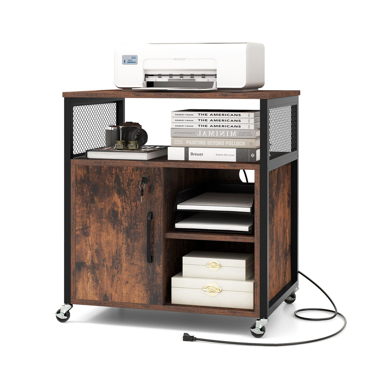Giantex File Cabinet, Lateral Filing Cabinet with Lock, Wheels, Charging Station, Cable Hole, Lockable Side Cabinet, Adjustable Shelves, Metal Frame, Printer Stand for Home Office Small Space (Brown)