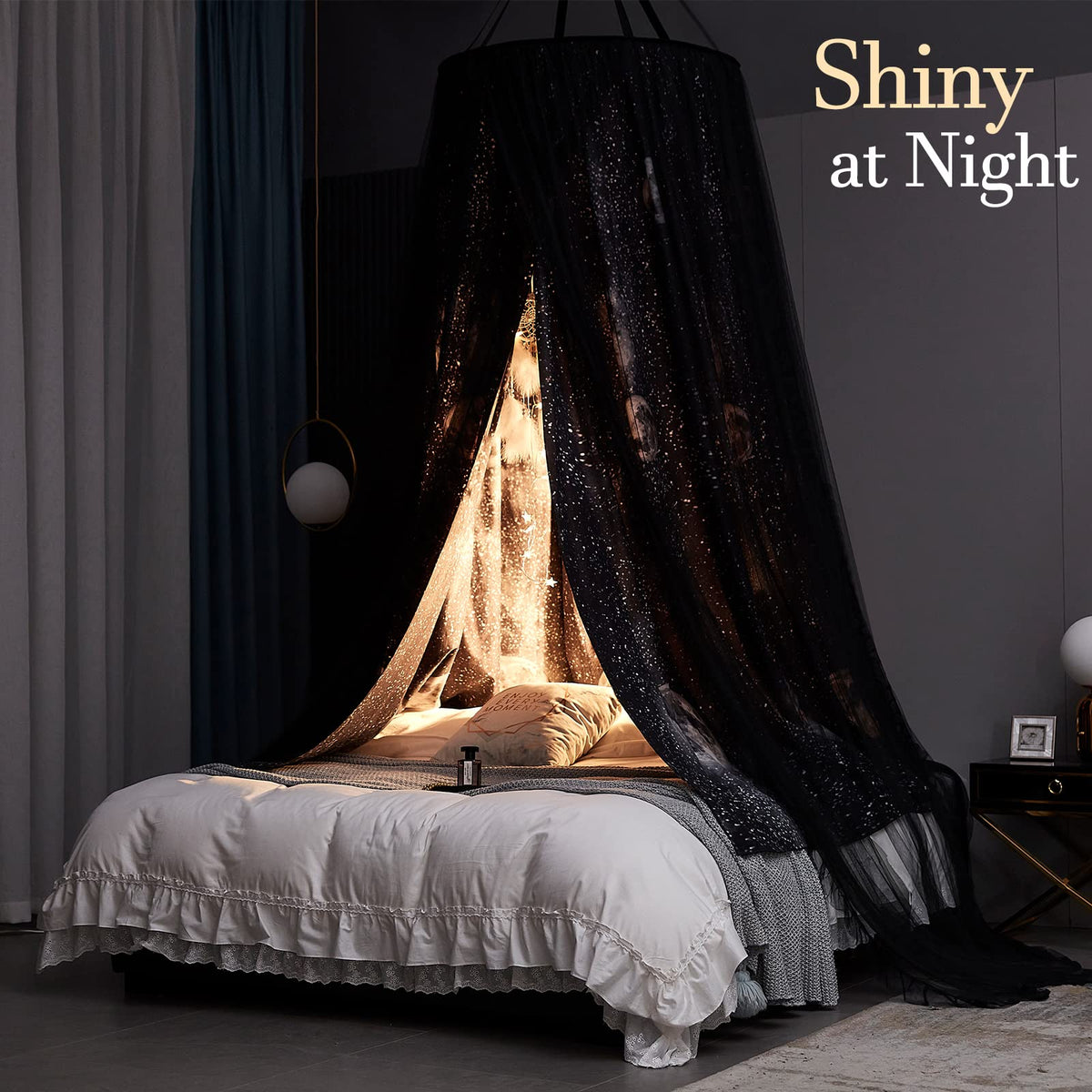 Kertnic Gorgeous Moon Printed Printed Bed Canopy for Girls & Adults, Room Decorative Cozy Bed Curtain Canopy Drapes, Round Dome Luxurious Lace Princess Canopies Mosquito Netting (Print Moon)