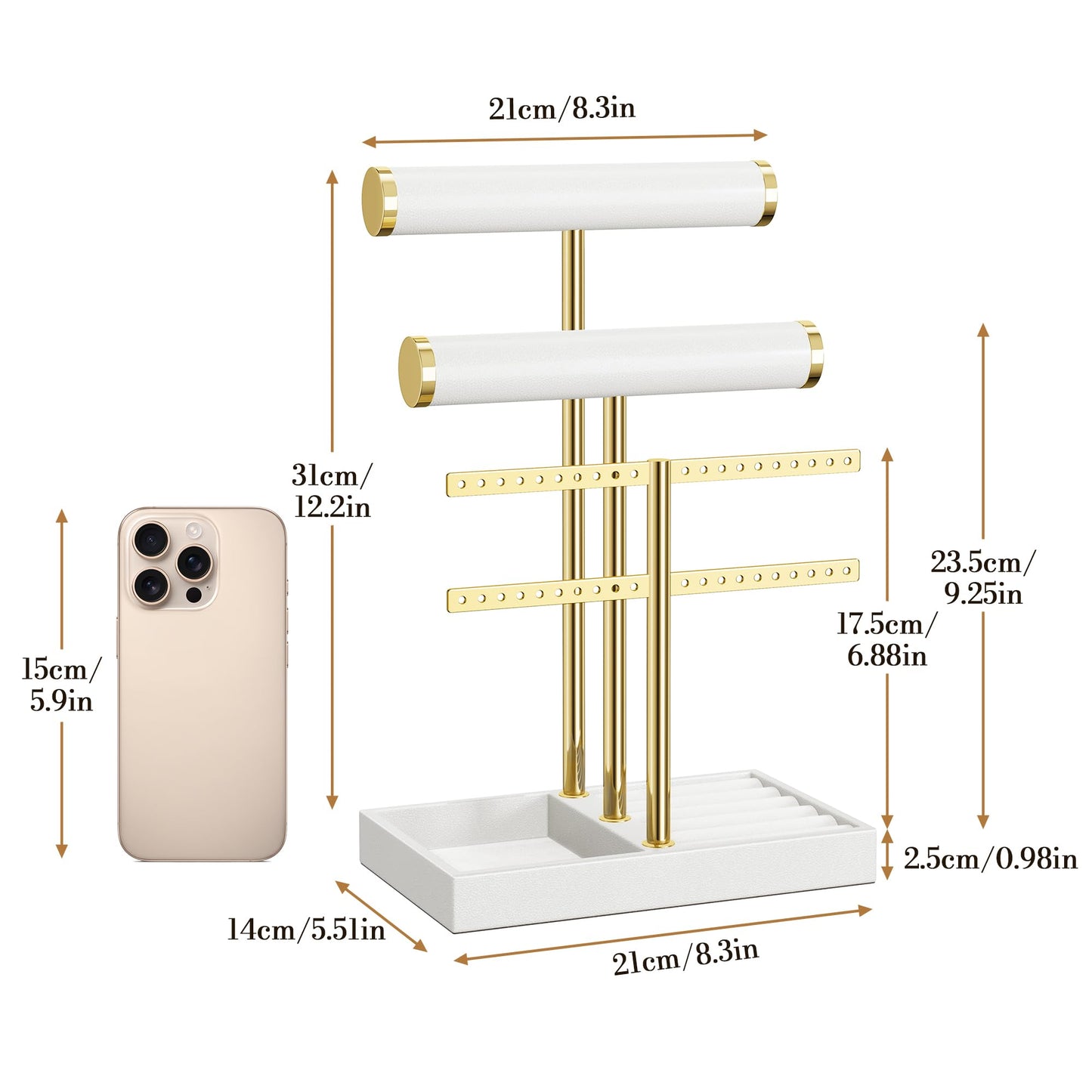 bussdis 3 Tier Bracelet Holder Display - White Leather Bracelet Holder, Detachable T Bar Jewelry Holder Organizer for Bracelet, Necklace, Earrings, Rings, Watches, Bangle
