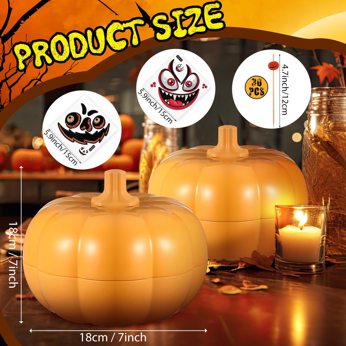 Potchen 2 Set 2 Tier Thanksgiving Fall Pumpkin Snack Bowl Stackable Snack Tray with Lid Stickers Toothpicks Pumpkin Serving Dishes Candy Box Fruit Container for Thanksgiving Party Decoration Xmas Gift