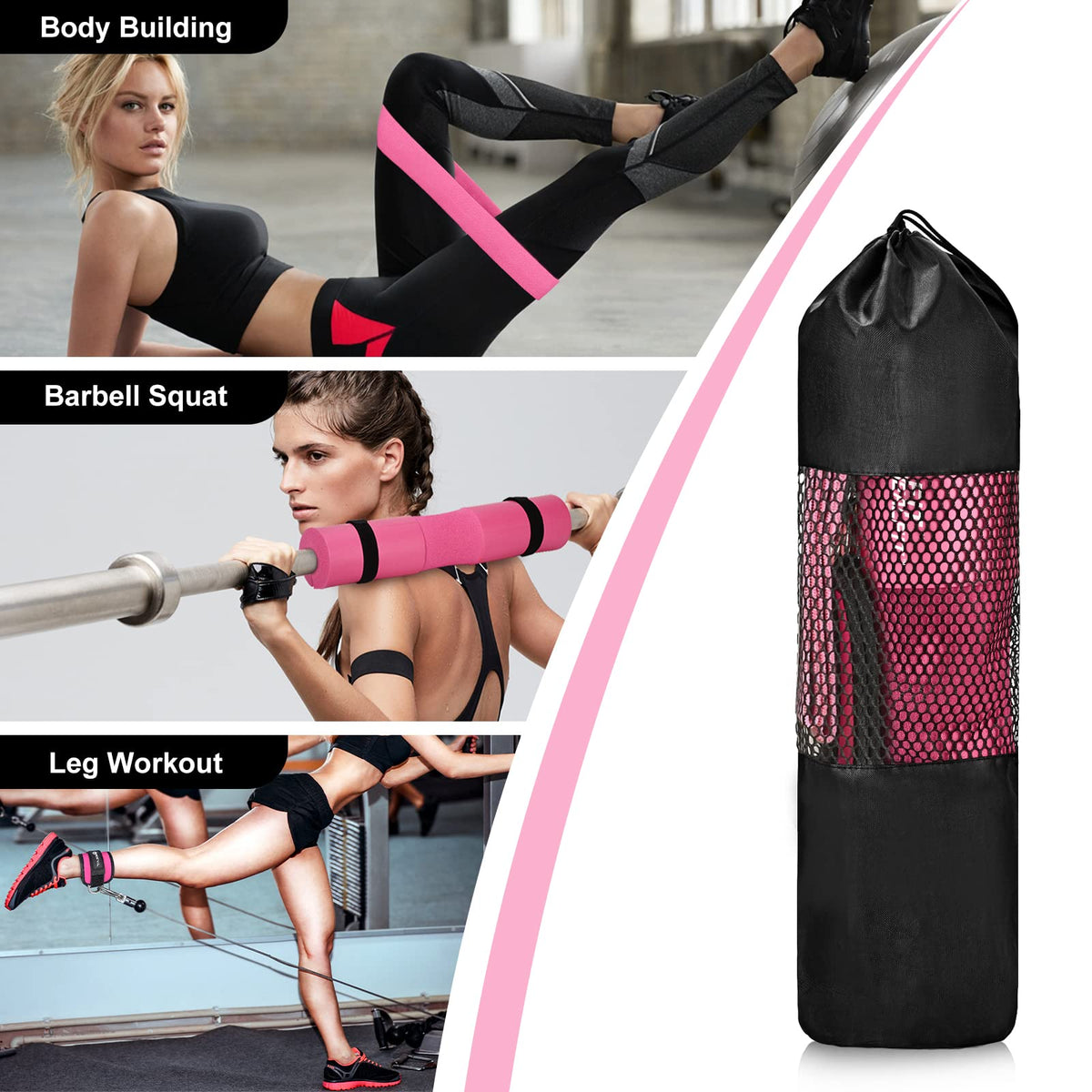 NEALFIT Barbell Pad Set for Squats, Lunges and Hip Thrusts, Neck & Shoulder Protective Pad, Standard Olympic Bars with 2 Gym Ankle Straps, Hip Resistance Band, Barbell Pad, Carry Bag (Pink)