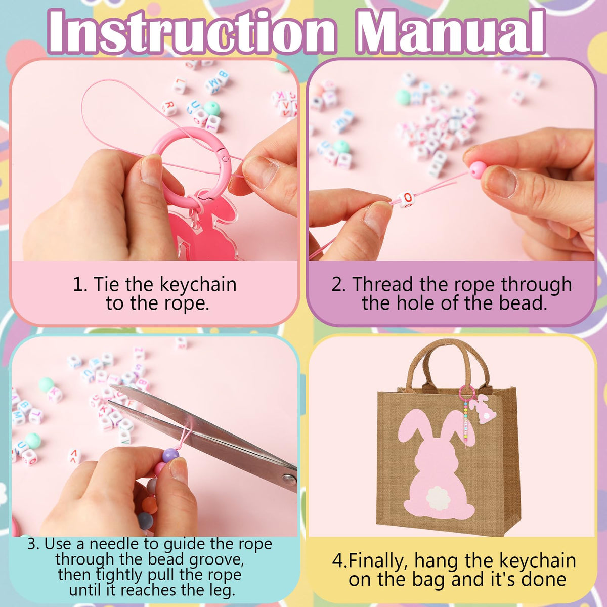 Hillban 4 Sets Personalized Easter Burlap Gift Bags Reusable Large Egg Hunt Bunny Tote with Handles and DIY Name Beads Keychain Making Kit for Women Jute Baskets for Easter Party Favors Gifts Storage
