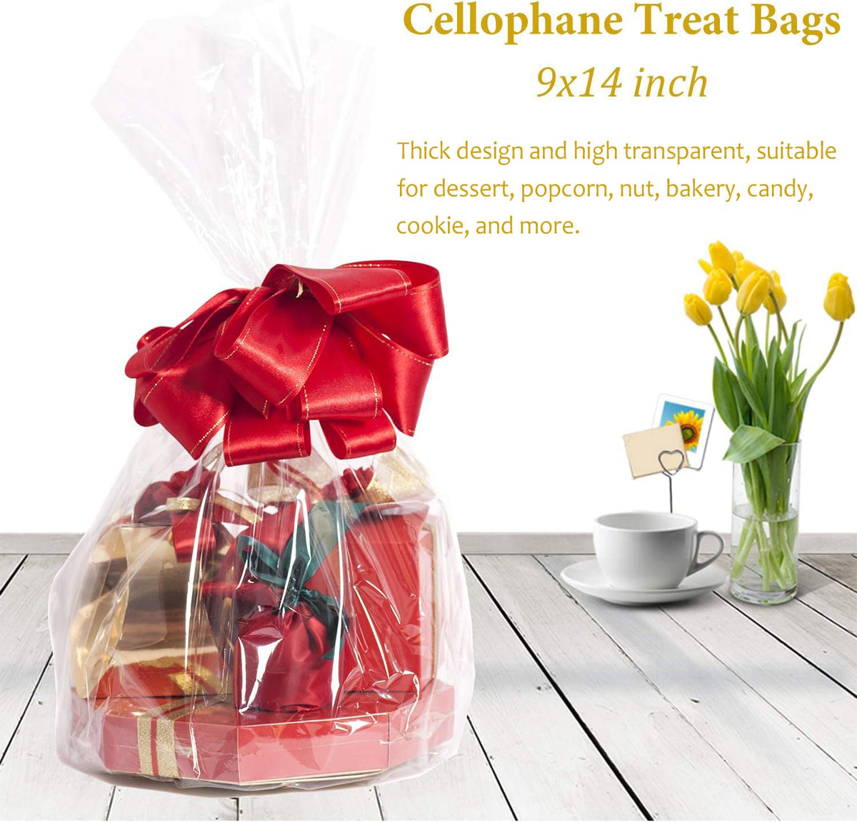 Morepack Cello Cellophane Treat Bags,200 PCS Clear Pastic Gift Bags with Twist Ties,Party Favor Bags (9"x14")