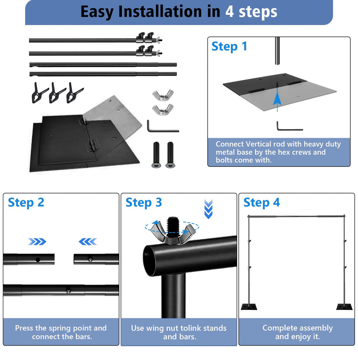 SLOW DOLPHIN Pipe and Drape Photography Backdrop Stand Kit Adjustable Photo Background Stand 10ft x 6.5ft with Metal Base for Parties Weddings Birthday Party Events Photo Booth