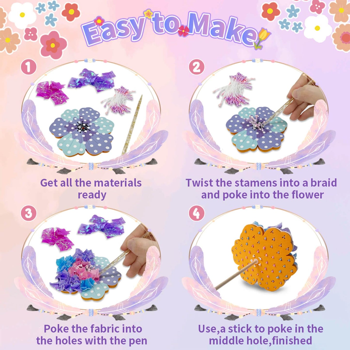 Britik Arts and Crafts for Kids Ages 8-12: Poke in Fun Art Kits for Girls, Poke Art Flower Bouquet Craft Kit, Fabric Arts for Kids DIY Flower Bouquet Kit Birthday Gift for Girls 8 9 10 11 12, Orange
