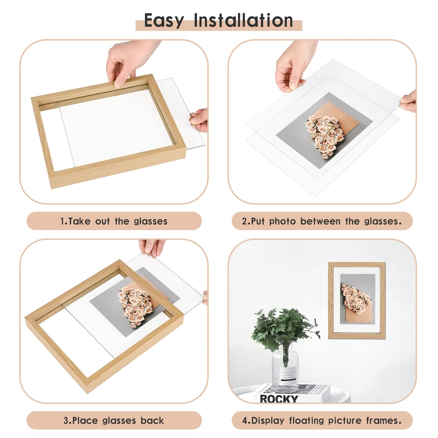MUYE 5x7 Floating Frame Set of 2,Double Glass Rustic Photo Frame for Wall Hanging or Tabletop Standing,Also Display 4x6 or 3x5 Photo for Floating Effect,Natural