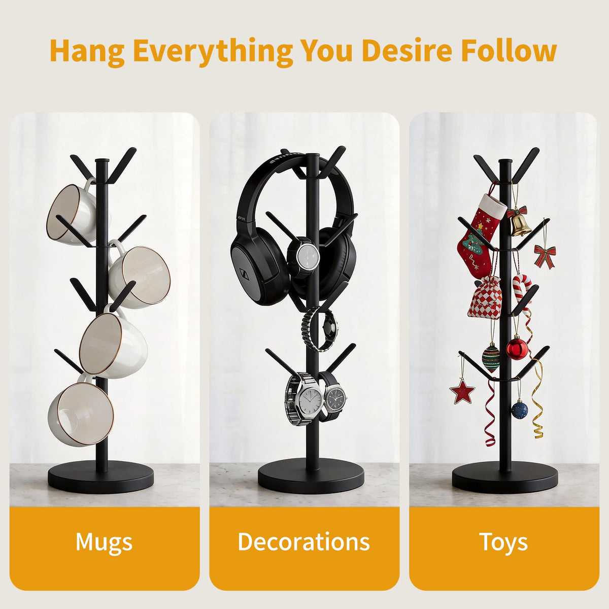 HUILAIXIAN Stainless Steel Mug Holder Tree, Updated Thick Coffee Cup Holder Base, Coffee Cups Stand Mug Holders with 8 Hooks for Countertop Cup Rack Organizer Stand (Black)
