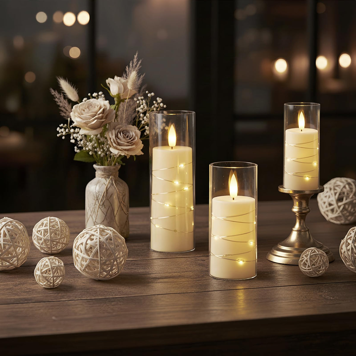 Raycare Flameless Candle with Remote Timer, 3 Flickering Acrylic Battery Operated LED Pillar Candles with Embedded Star String for Christmas, Wedding, Home Table Decor, and as a Gift (Ivory White)