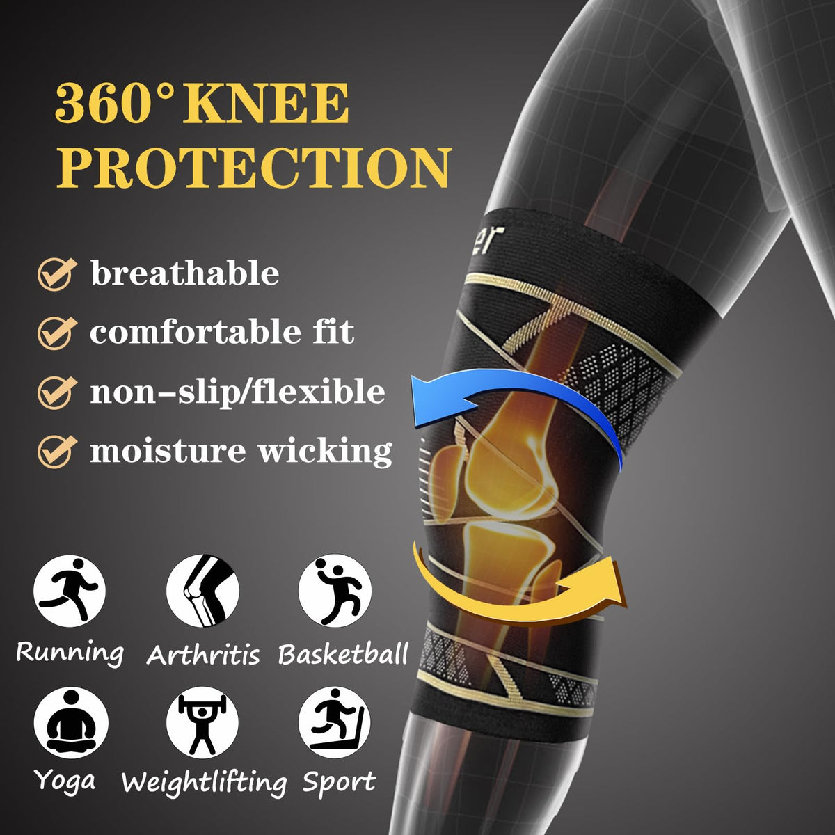 Copper Knee Braces with Strap for Knee Pain Women and Men(2 Pack), Knee Compression Sleeve for Arthritis, ACL, Meniscus Tear, Joint Pain Relief, Knee Support for Working, Running, Weightlifting(L)