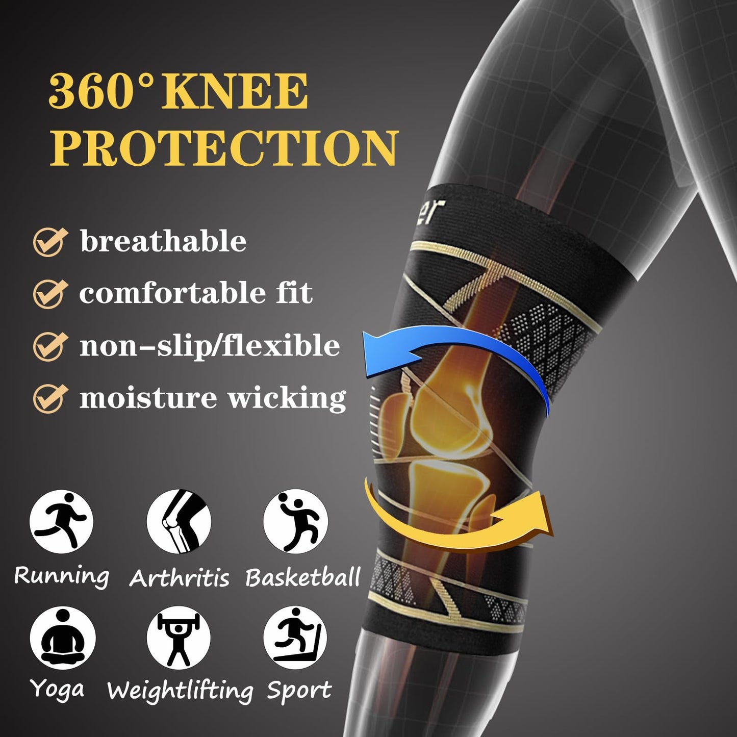 Copper Knee Braces with Strap for Knee Pain Women and Men(2 Pack), Knee Compression Sleeve for Arthritis, ACL, Meniscus Tear, Joint Pain Relief, Knee Support for Working, Running, Weightlifting(M)