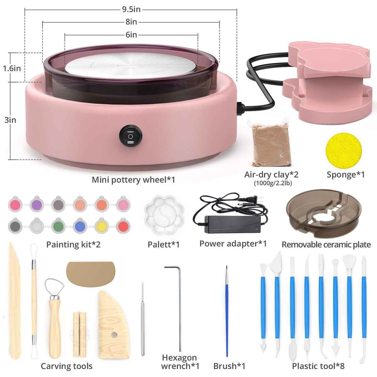 Skirfy Mini Pottery Wheel for Beginners Adults with Foot Pedal9.5" Ceramic Machine for Kids Art Craft Glow in Dark Kits 2.2LB Air-Dry Clay,Carving Tools Adjustable Speed,DIY Projects Birthday Gift
