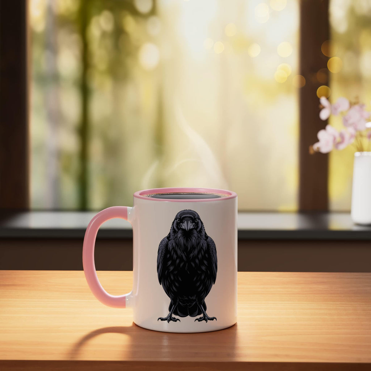 Black Raven Art Crow Nature for Women Men Ceramic Mug, Pink/White