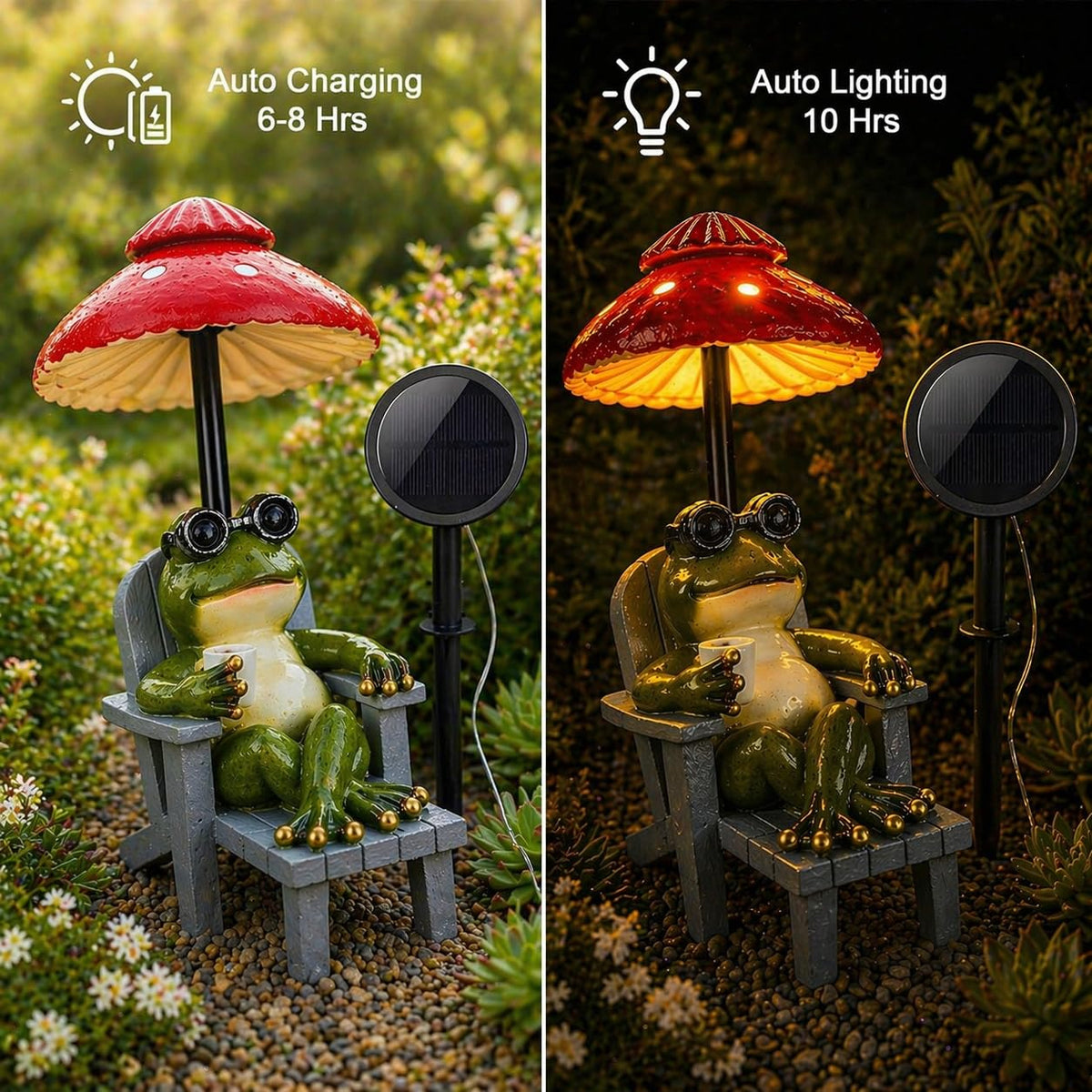 Magicnight Little Frog Garden Statue with mini Patio Mushroom Solar Lights Outdoor Figurines Halloween Home Decor Fairy Garden Accessories Small Lawn Ornaments 4.5"x4.5"x2.6"