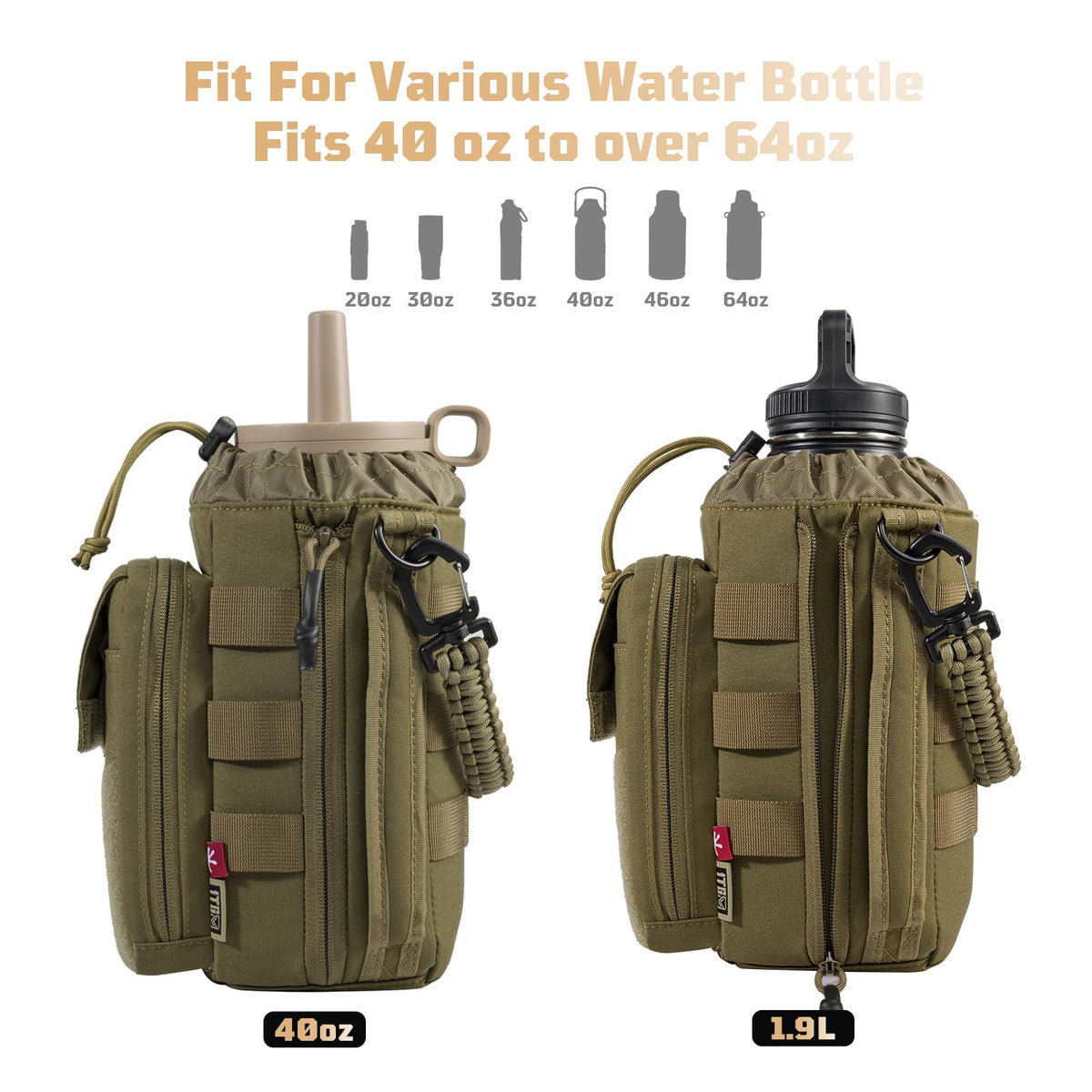 1TG Tactical Magnetic Gym Bag for Men,Magnetic Gym Water Bottle Bag with Phone Pockets&40 64oz Multiple Size, Water Bottle Holder with Adjustable Shoulder, Ideal for Fitness,Sports,Travel(Brown)