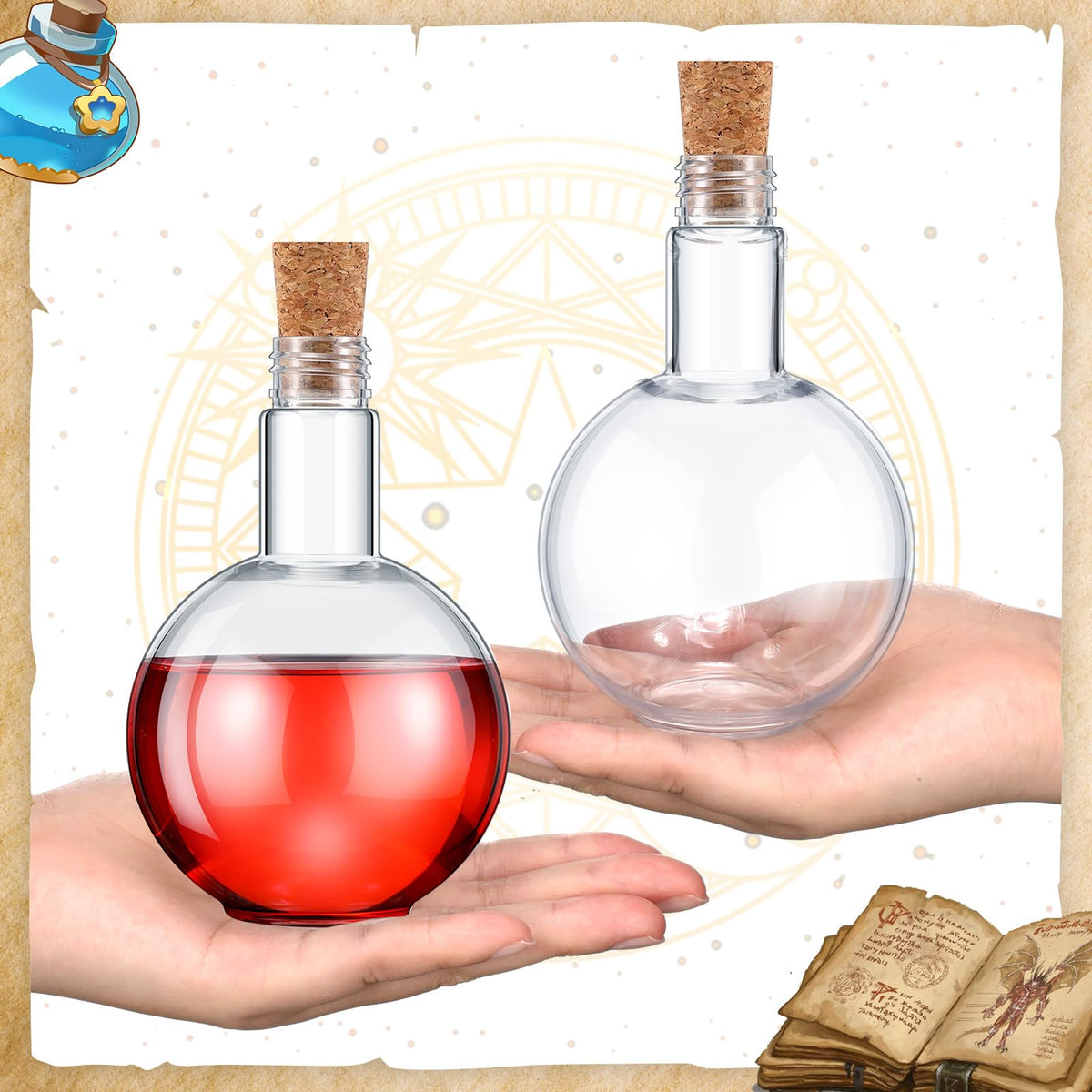 Baderke Plastic Potion Bottles with Cork 8 oz Sand Art Ball Shape Bottles with Funnels Spherical Decorative Candy Jar for Cocktail Witch Costume Props Party DIY Crafts(20 Sets)