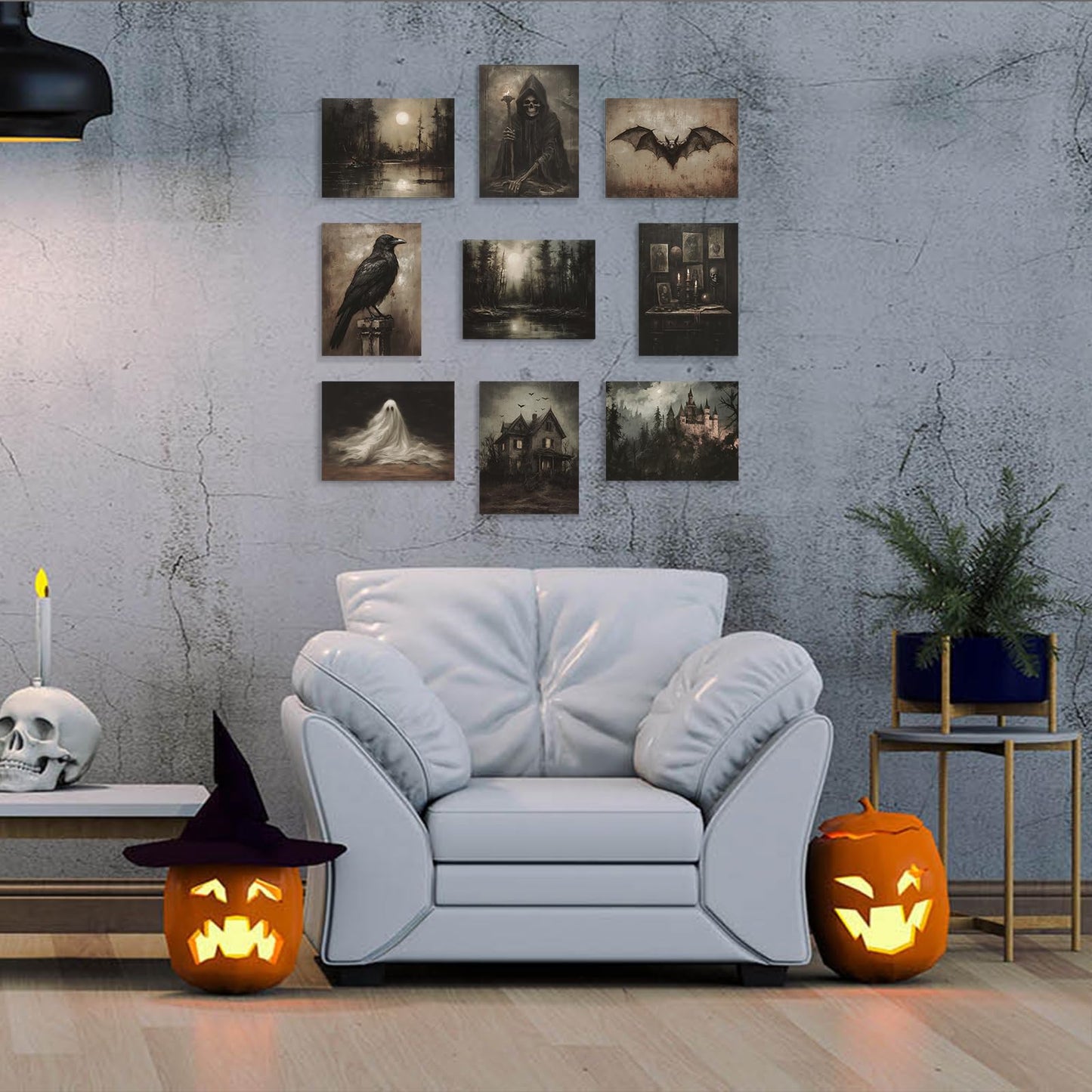 abrtolpffo Halloween Wall Art Halloween prints 9 Pieces 8x10in Dark Academia Wall Decor, Spooky Ghost Witch Raven Bat Haunted House Pictures, Dark and Moody Forest Landscape Art Gothic Decor