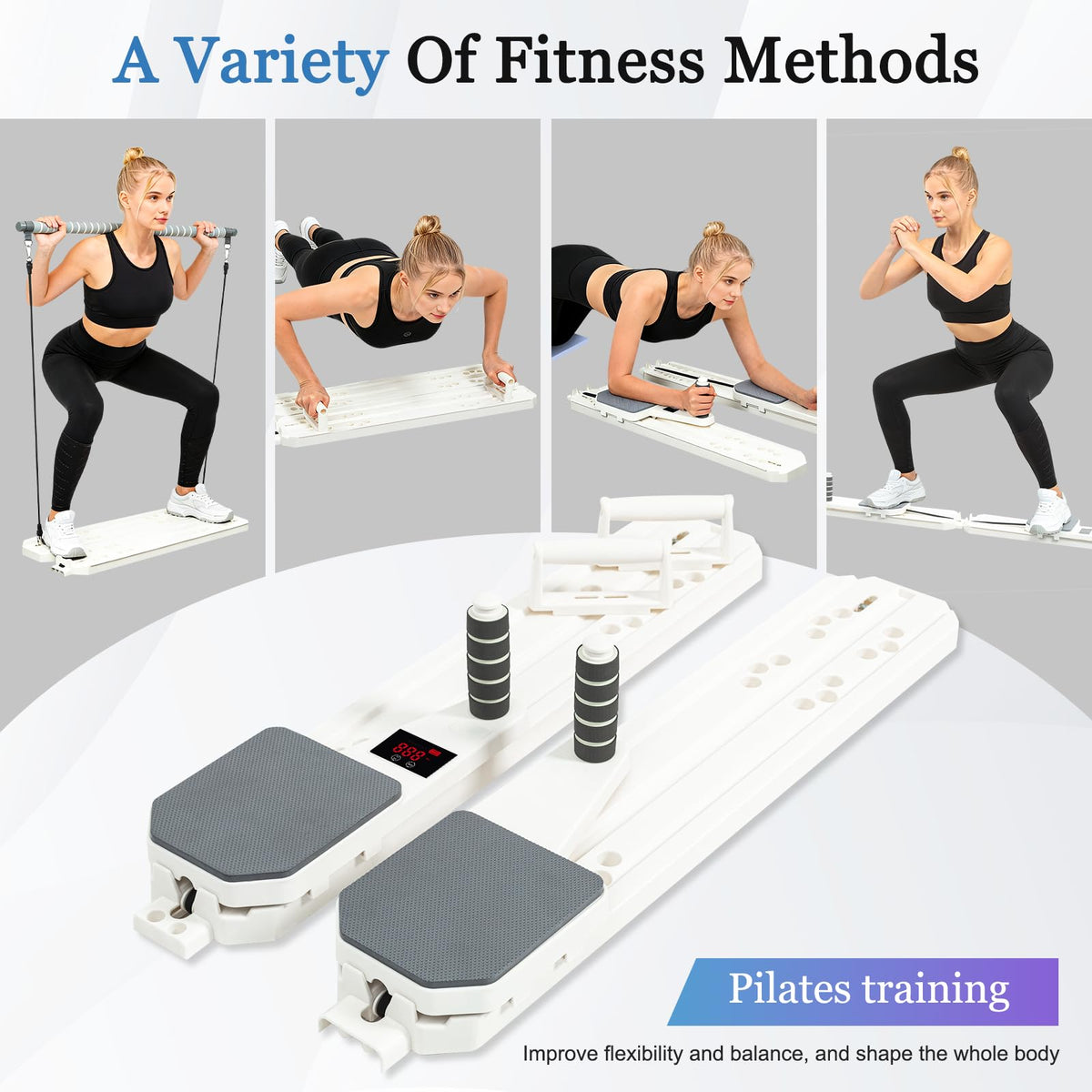 Pilates Reformer Board Set 12-in-1 Portable Pilates Board for Home Workout Core & Abs Toning Full Body Sculpting Equipment White