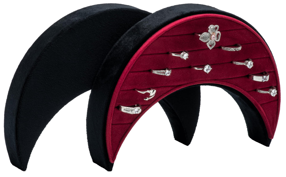 COWFEX Velvet Multiple Ring Box Organizer Display Tray Crescent Moon Shape Jewelry Box Earring Holder Case for Wedding Birthday Christmas Day (Black and Red)