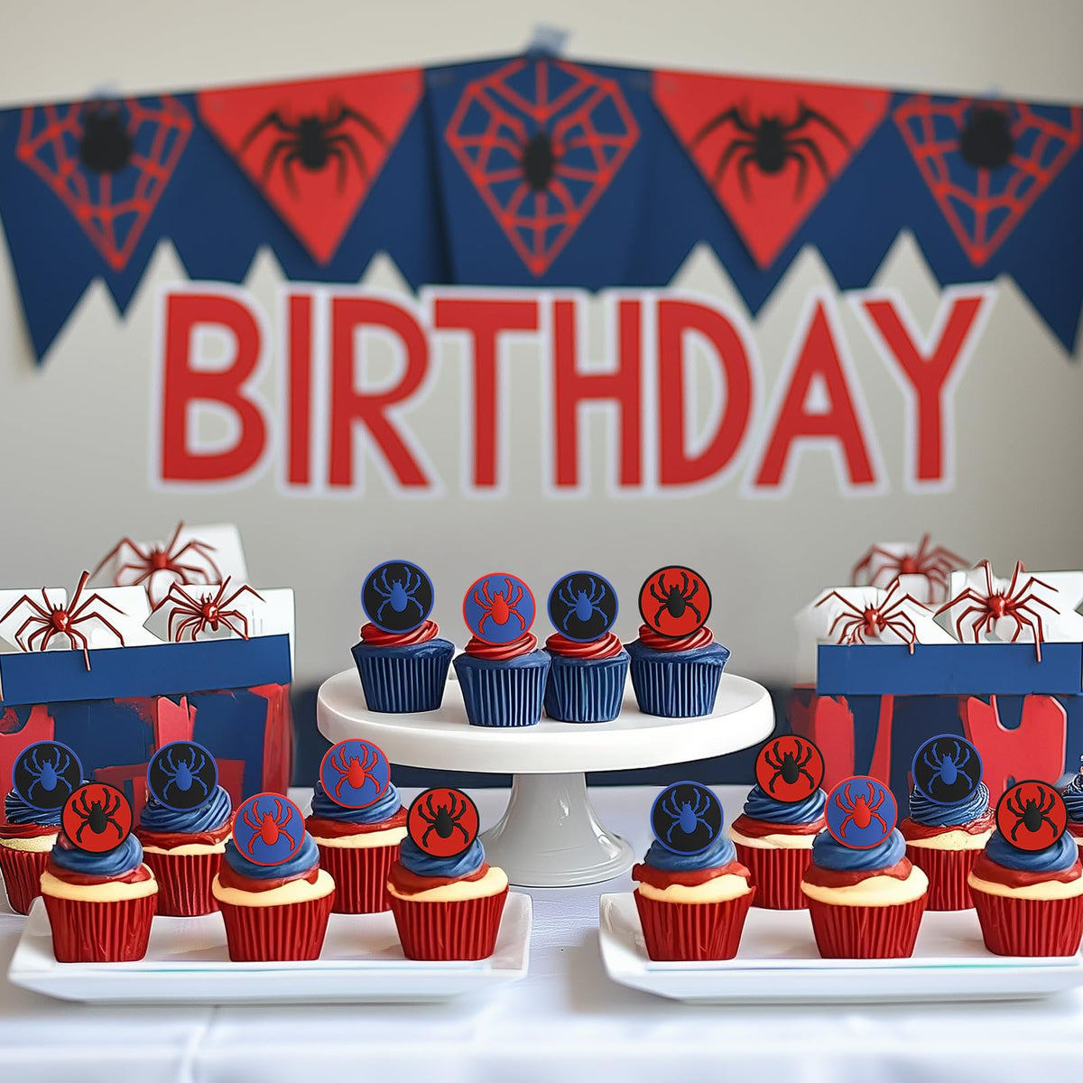 RoundFunny 48 Pcs Spider Cupcake Toppers Cake Decorations Spider Birthday Party Decoration Cupcake Dessert Rings Toppers for summer Party Gifts Classroom Prizes(Red/blue/black)