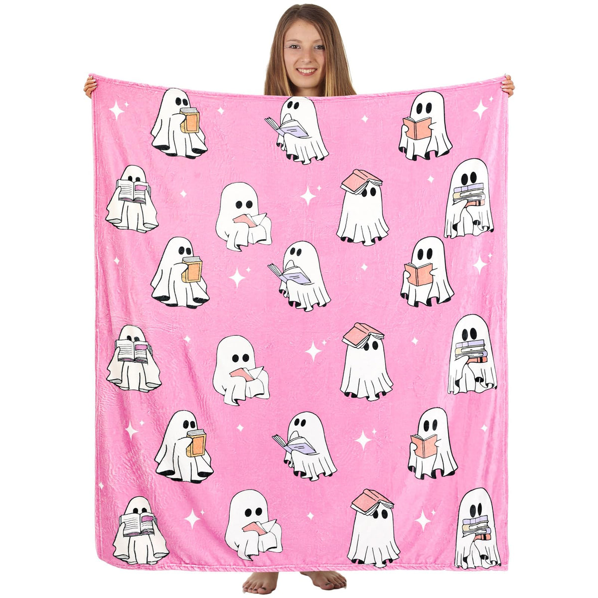 Hillsuren Ghost Reader Blanket for Girl Halloween 2025 New Pink Ghost Reading Book Throw Blankets 50 x 60 Inch Cute Boo Gift for Book Lover Sofa Bed Living Room Christmas Thanksgiving Gift Decoration