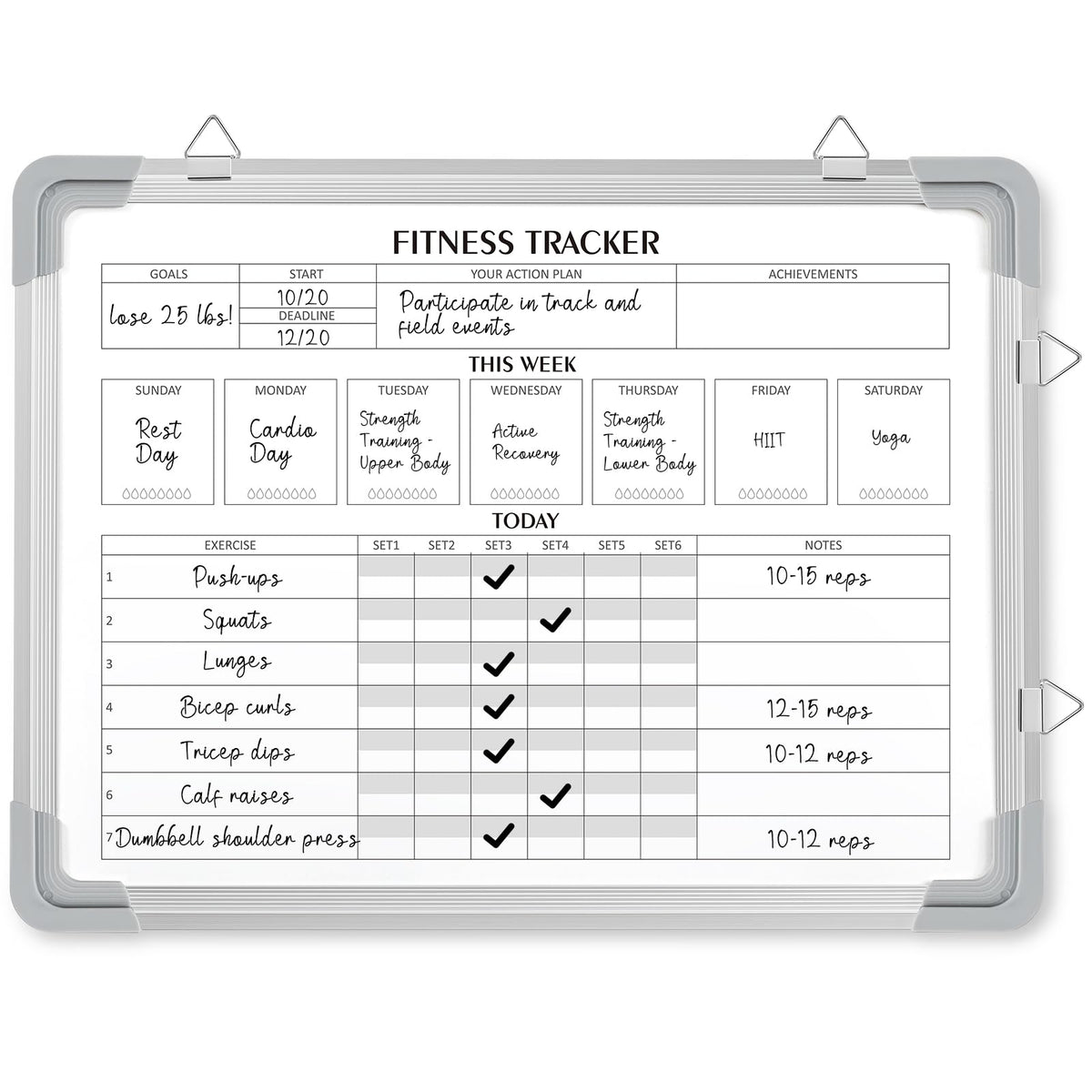 Lincia 16 x 12 Inch Fitness Tracker Whiteboard Workout Calendar for Home Gym Dry Erase Planner Hanging Removable to Do List for Wall Whiteboard with Aluminum Frame for Gym Program(Style A)