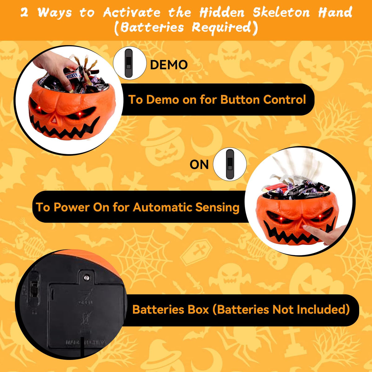 Halloween Candy Bowl, Animated Halloween Skull Pumpkin Bowl, Automatic Sensor/Button Press Scary Candy Dish with Creepy Moving Skeleton Hand and Scream for Trick or Treat to Kids(Pumpkin Style)