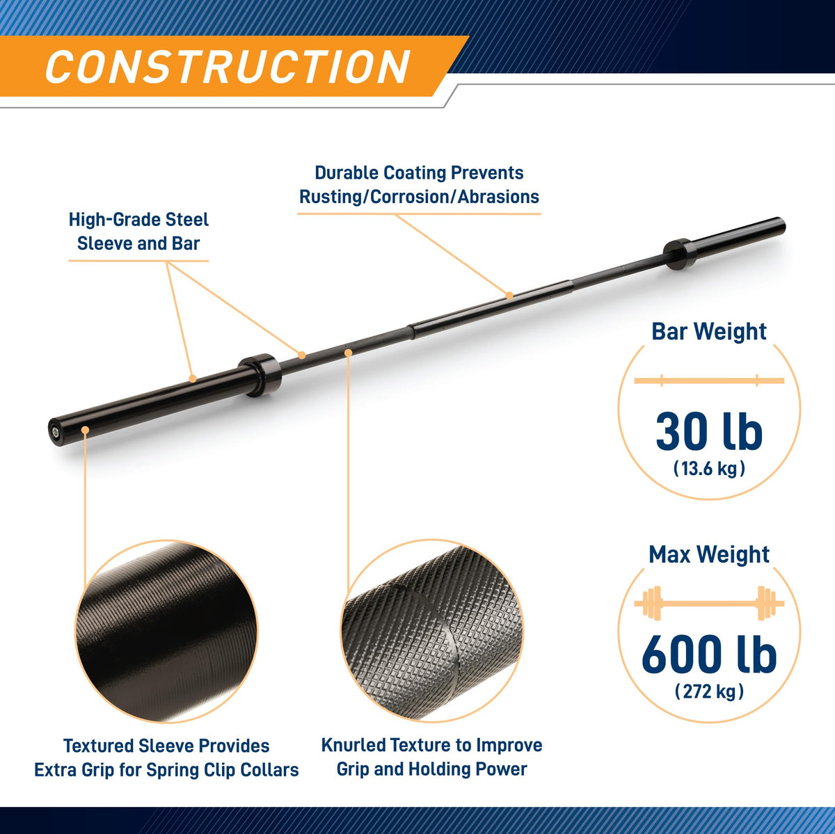 Marcy 7 ft Straight Barbell 30lb Olympic Weightlifting Barbell with 2-inch Diamater for Home Garage Gym Strength Training, Squat, Deadlift for Home GymTRB-84
