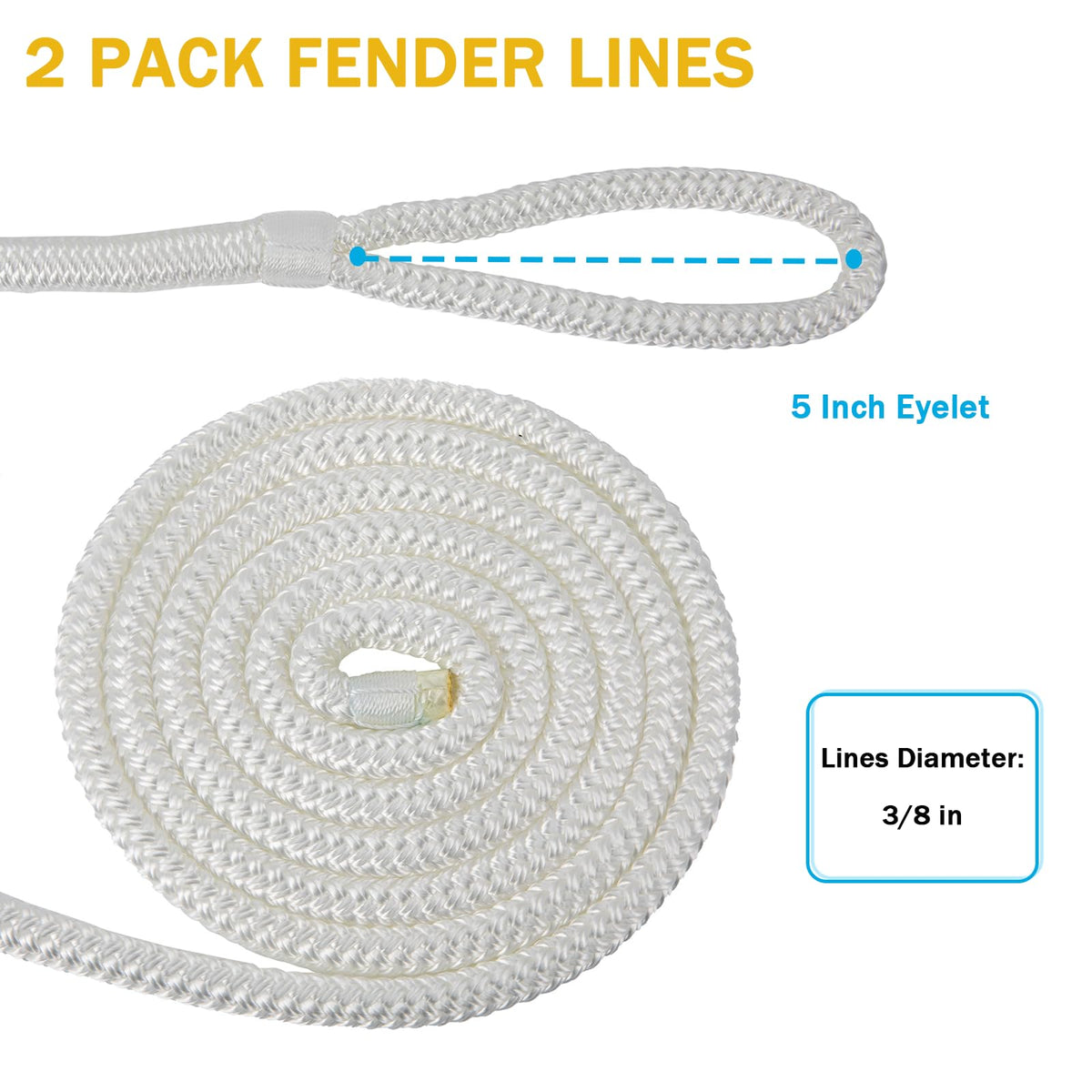 2 Pack 3/8'' x 6' Boat Fender Lines for Mooring, Docking Ties & Small Boat,Premium Marine- Grade Double Braided Nylon Boat Rope with a 5" Eyelet,Anti-Wear & Weather-Resistant-White