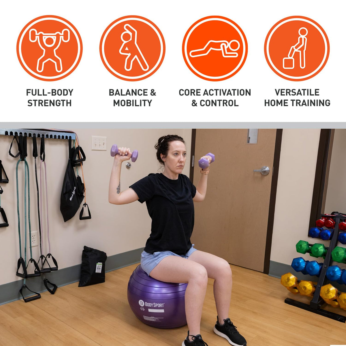 Body Sport Exercise Ball with Pump for Home, Gym, Balance, Stability, Pilates, Core Strength, Stretching, Yoga, Fitness Facilities, Desk Chairs – Yellow 65cm