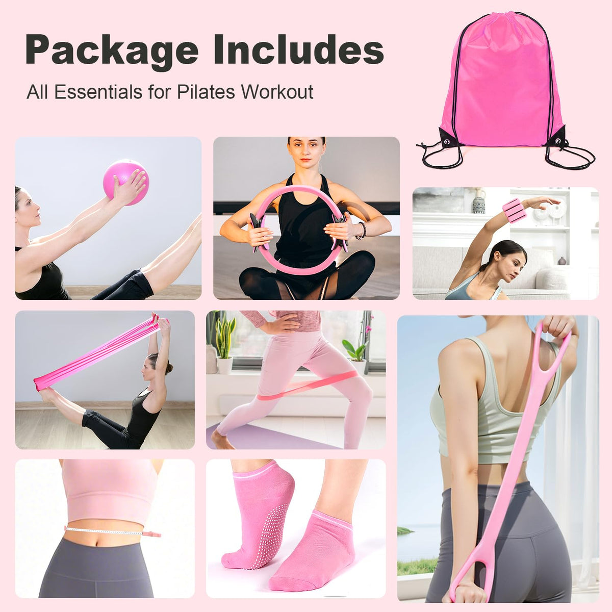 SHTALHST Home Pilates Kit 14 PCS, Pilates Ring and Ball Set with Adjustable Ankle Wrist Weights and Resistance Bands for Women Workout Set, Yoga Essentials Kit Equipment Accessories for Home Workouts