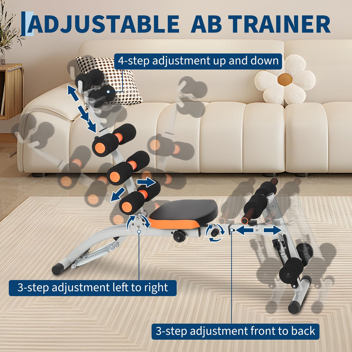 Multifunctional Ab Machine, Adjustable Sit Up Bench, Core Workout Bench for Abdominal Training, Foldable Home Gym Fitness Equipment with Ergonomic Back Support, Full Body Exercise
