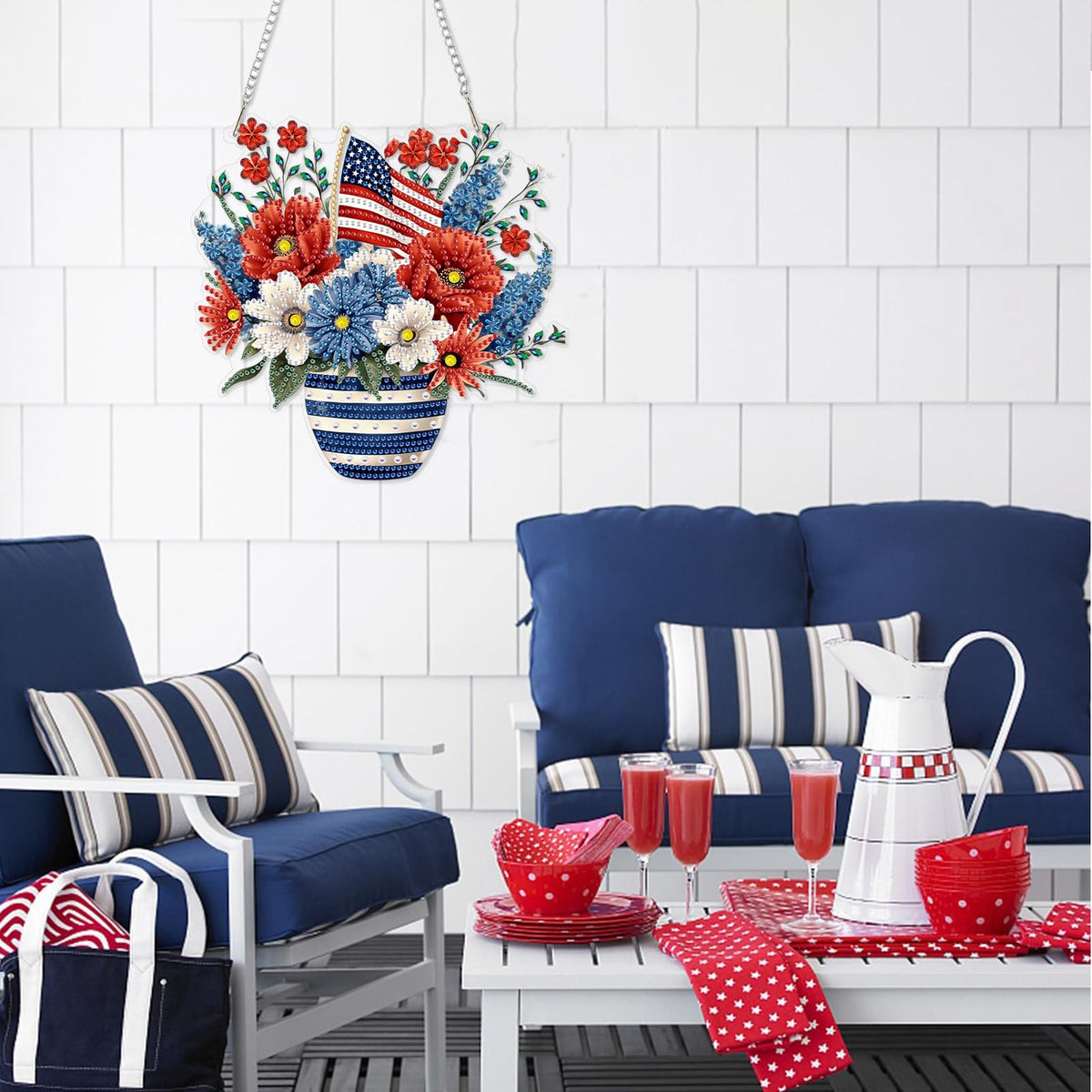 DOMROM 4th of July Diamond Art Hanging Kits, Patriotic Flower Vase Diamond Painting, Special Shaped Gem Art Suncatchers Ornament, American Flag Independence Day Decor for Home Window Wall