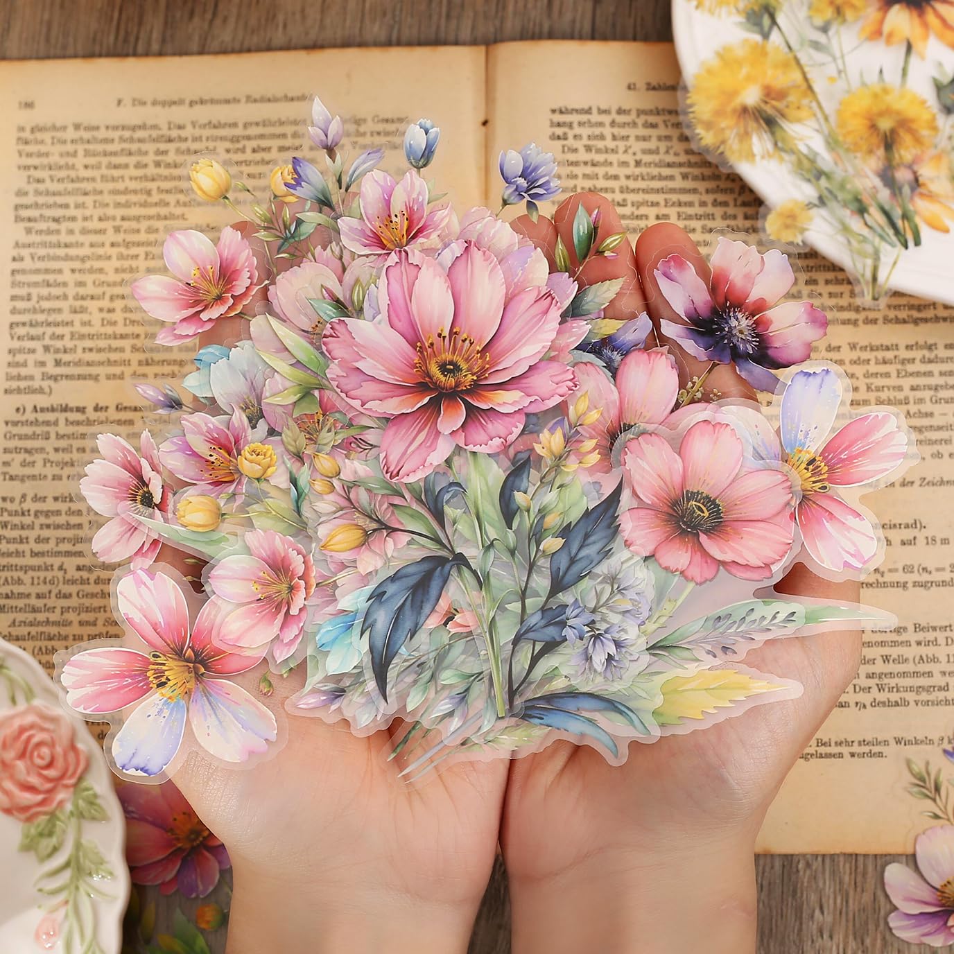 Knaid 120 Pieces Watercolor Flower Stickers Set - Big 4.7" Waterproof Clear Botanical Floral Journaling Sticker for Scrapbook Junk Journal Supplies Bullet Journals Planner Collage Laptop Paper Crafts