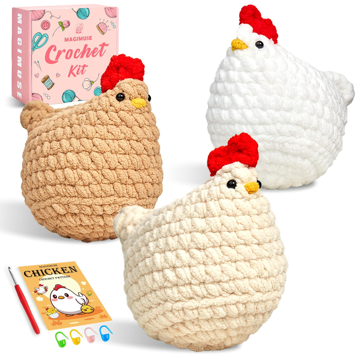 MAGIMUSE Crochet Kit for Beginners, Crochet Starter Kits for Adults Amigurumi Craft Knitting Crochet Animals Kits with Step-by-Step Video Tutorials, 3 Pcs Chicken (40%+ Yarn)