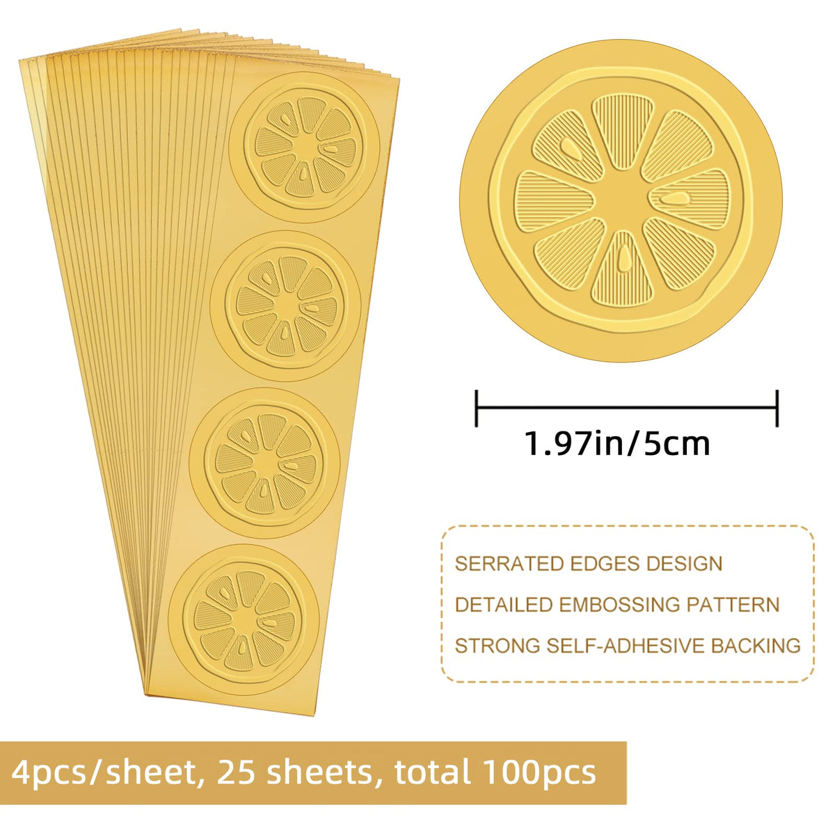 CRASPIRE 2 Inch Envelope Seals Stickers Lemon Fruit Citrus Slice 100pcs Embossed Foil Seals Adhesive Gold Foil Seals Stickers Label for Wedding Invitations Envelopes Gift Packaging