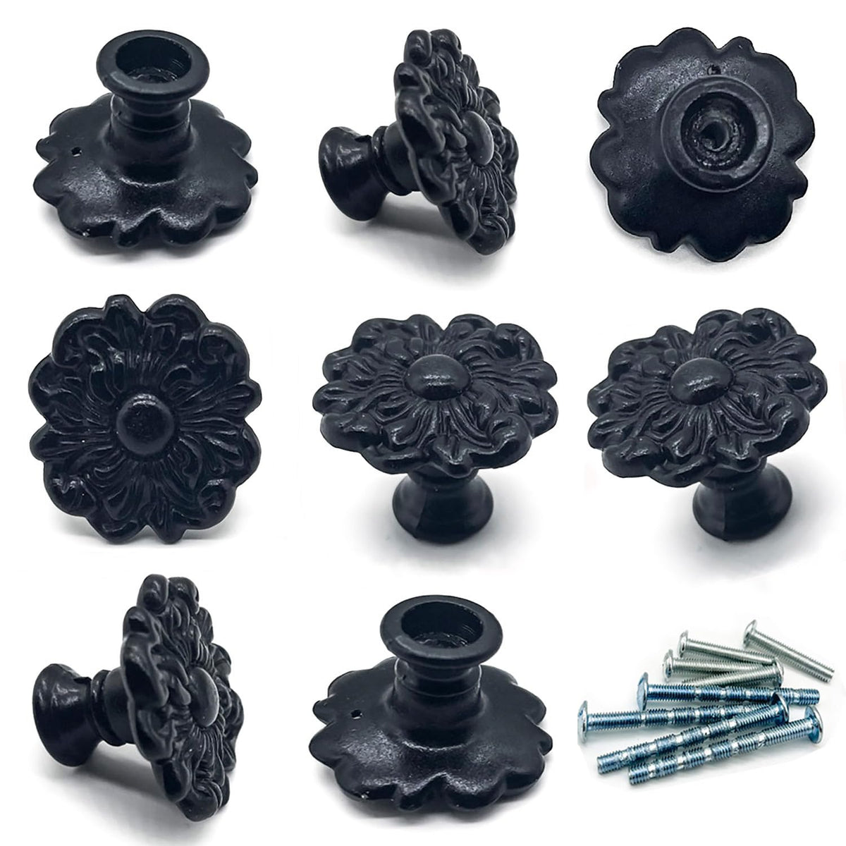 YOUYOUULU 8Pcs Black Flower Knobs - Solid Drawer Rose Knobs - Vintage Flower Handles with Scre. (Black 8pcs)