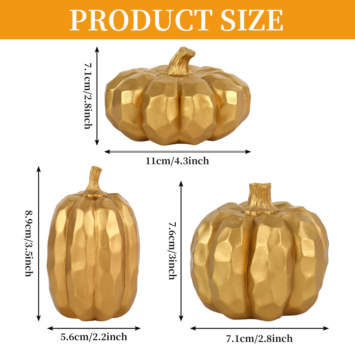 JarThenaAMCS Fall Pumpkin Decoration 3Pcs Resin Artificial Pumpkins Gold Fake Pumpkin Table Centerpieces for Autumn Harvest Thanksgiving Farmhouse Home Party Supplies