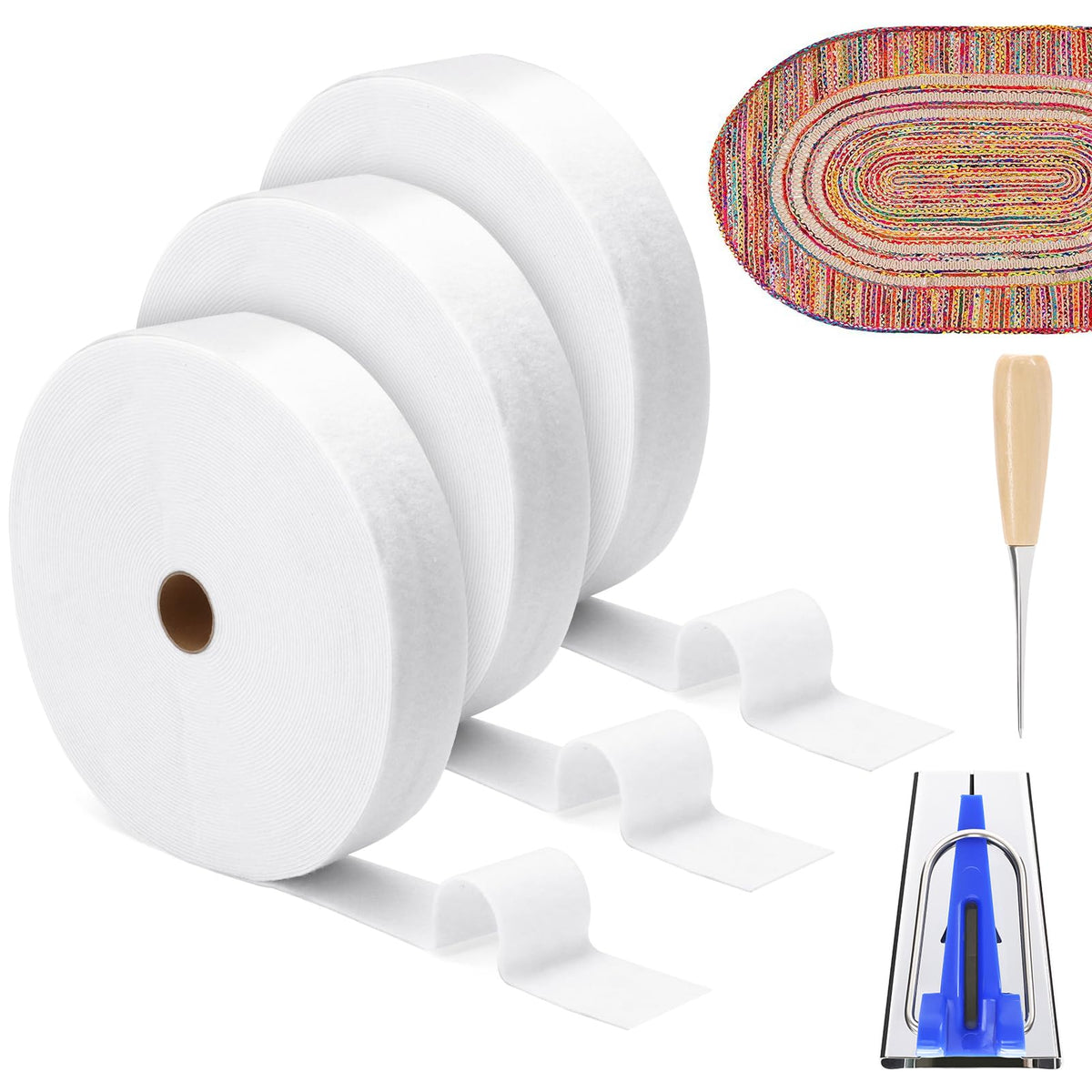 3 Rolls Jelly Roll Batting Strips for Rugs, Jelly Roll Fabric 2 1/4 Inch Total 150 Yards Cotton Blend Quilt Batting with Accessories Sasher Tool Awl Tube Maker Ruler Quilting for Upholstery Projects