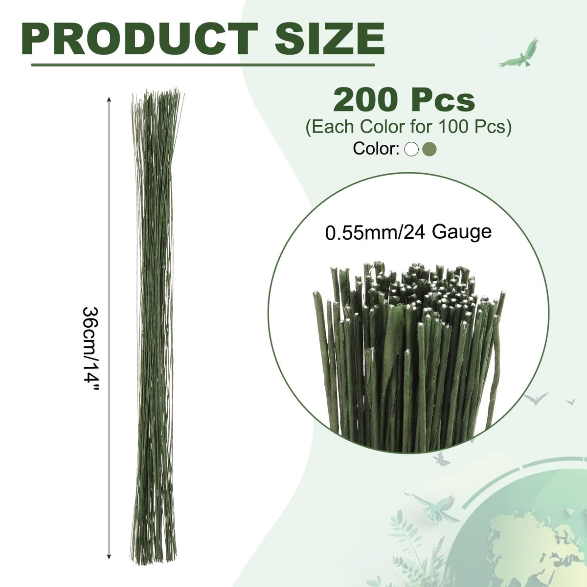 PATIKIL 200 Pcs 24 Gauge Floral Wire, 14 Inch Floral Stem Flower Paper Wrapped Wires for Flowers Crafts Bouquet Arrangement Supplies Wreath DIY Projects, White/Dark Green