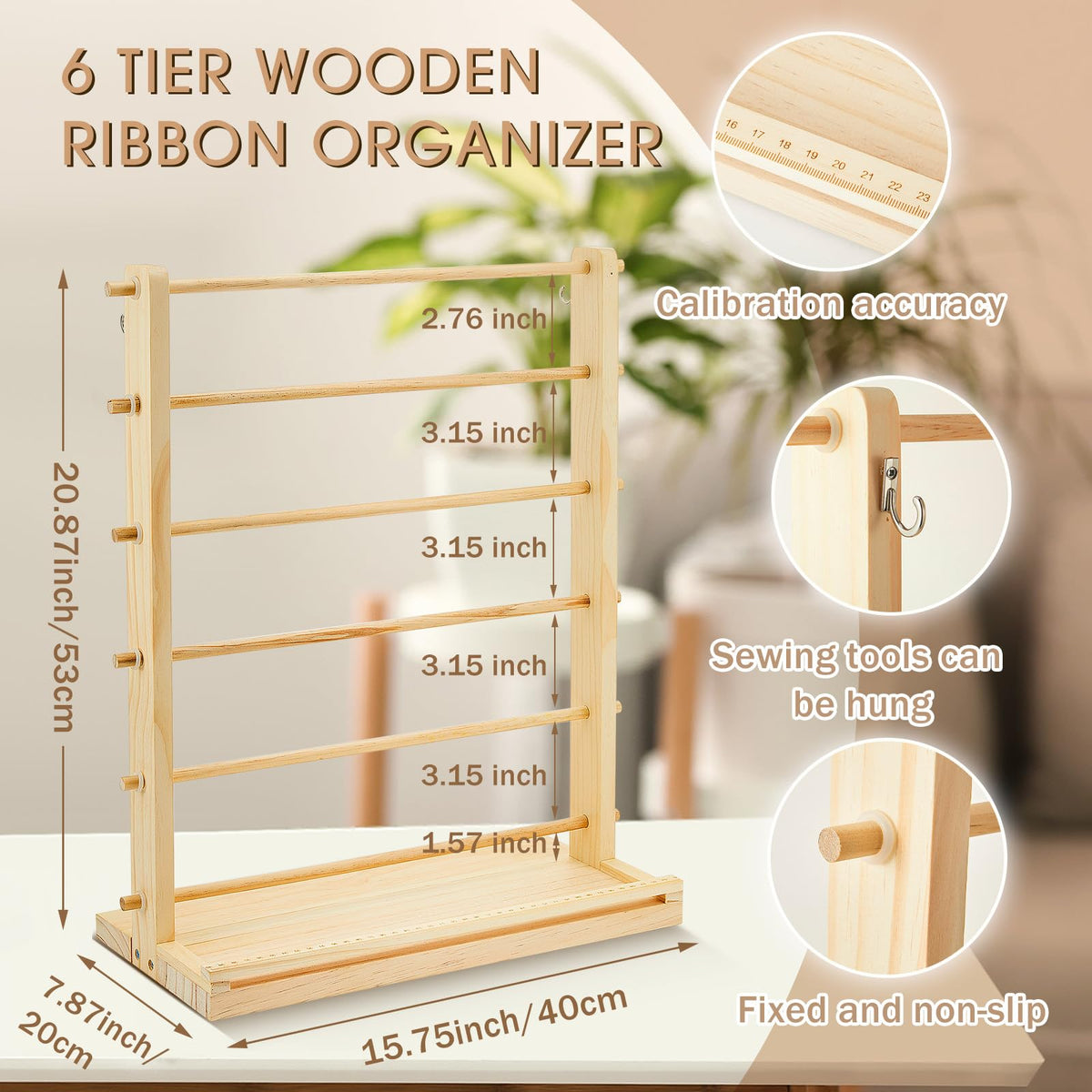 Menkxi 6 Tier Wooden Ribbon Organizer Ribbon Holder for Craft Room Storage Florist Spool Rack Wreath Making Supplies Gift Wrapping Organizer for Sewing Stabilizer Rolls Mothers Day Gift Spring Wedding