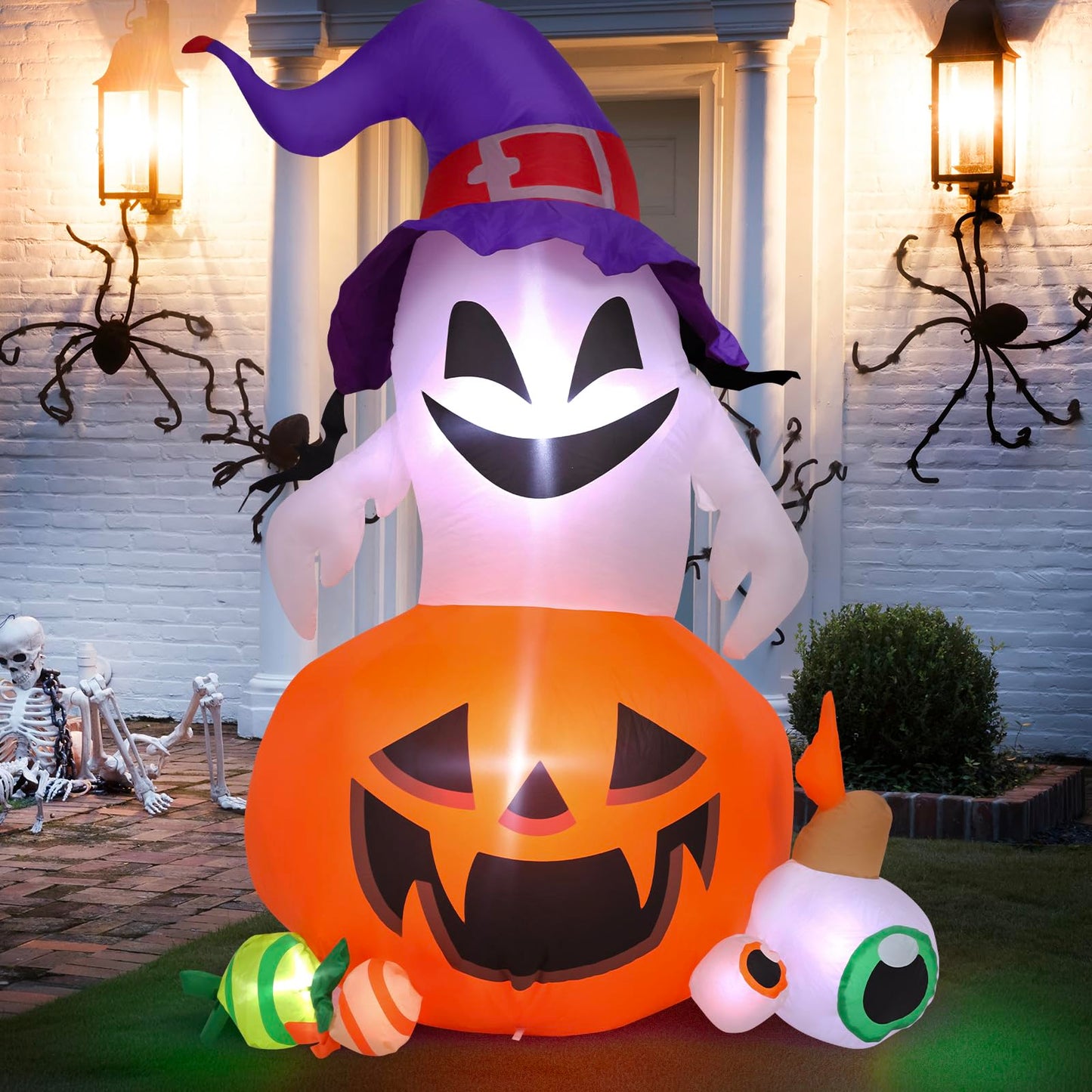 5FT Halloween Inflatable Outdoor Decoration Pumpkin Ghost with Built-in LEDs Blow Up for Halloween Party Holiday Indoor Outdoor Garden Lawn Yard Decorations
