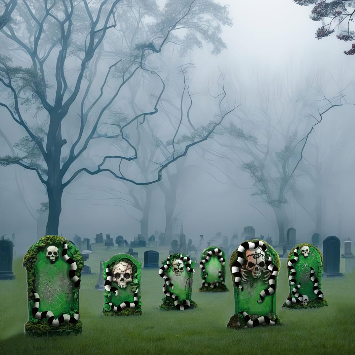 DoubleFill 6 Pcs Halloween Tombstone Worm Yard Sign Halloween Decorations Outdoor Green and Black White Worm Gravestone with Stakes Waterproof Graveyard Lawn Yard Sign for Haunted Garden Decor