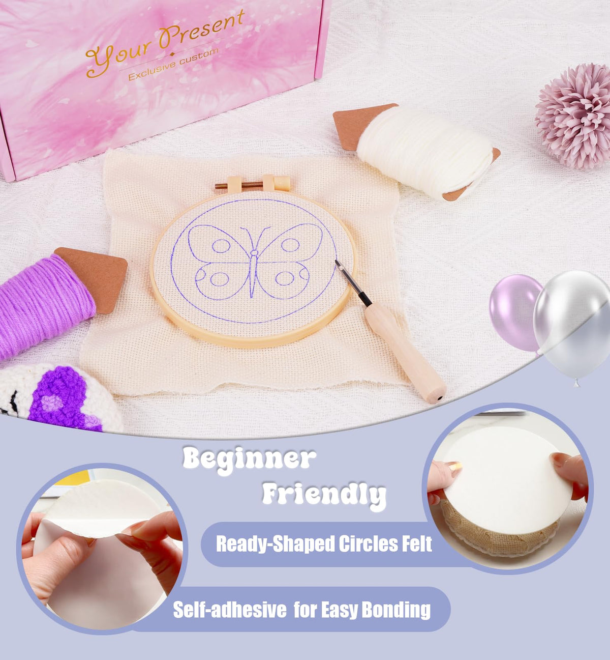 Nuoviyiya Punch Needle Kit for Adults Beginner - Complete Punch Stitching Kits with 6 Patterned Fabrics, Felt, Yarns, Tools and Instructions - Easy Embroidery Coaster Kit for Craft Enthusiasts