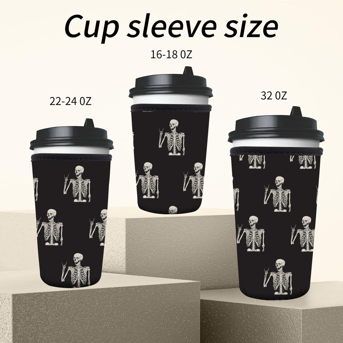 AMZXCFGL 3 Pack Reusable Neoprene Insulator Sleeve for Iced Coffee Cups, Cute Funny Coffee Cup Sleeve, Universal Fit 16-32oz Cups for Hot Cold Beverages Cute Skull