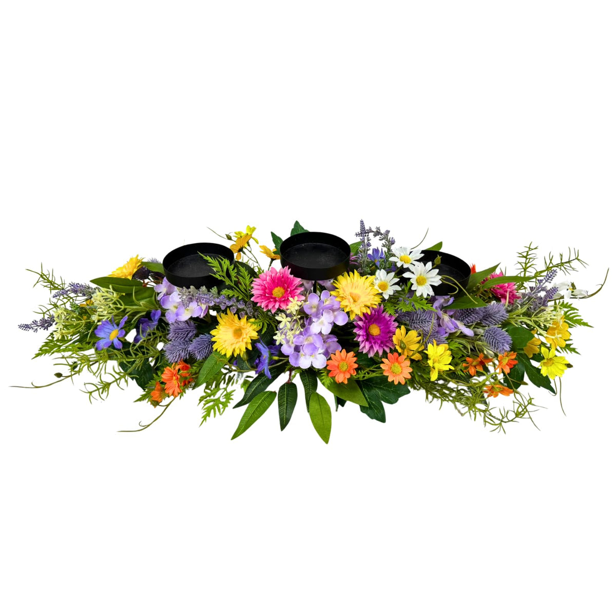 Lnymura 26 Inch Spring Summer Centerpiece with 3 Candle Holders Floral Table Centerpiece with Daisies and Wildflowers for Dining Table Mantel Wall and Farmhouse Table Decoration