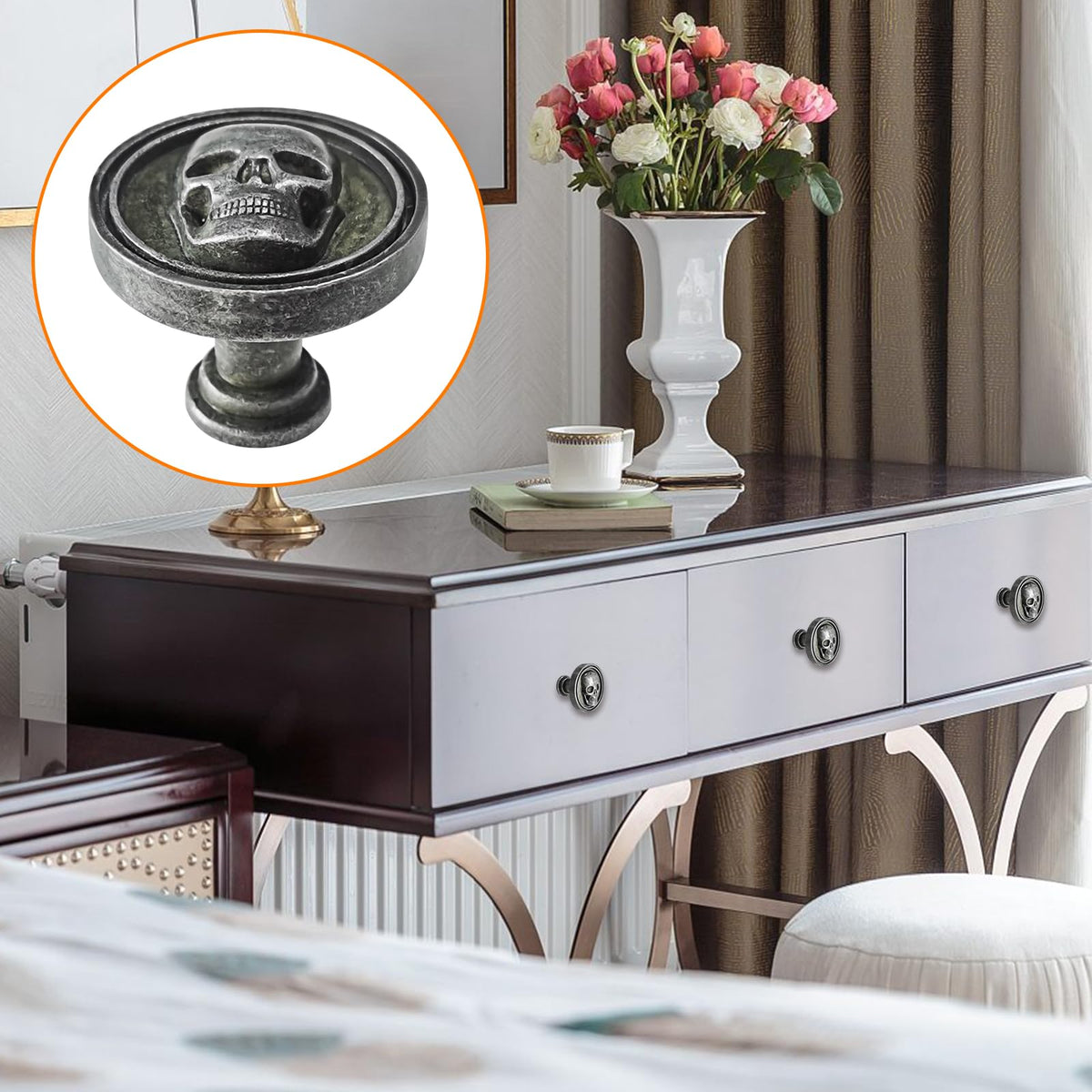 BAMI-LEE House 6PCS Vintage Skull Skeleton Cabinet Knobs - Single Hole Zinc Alloy Drawer Pulls for Kitchen, Wardrobes, Bookcases, Dresser, Closets (Ancient Tin)