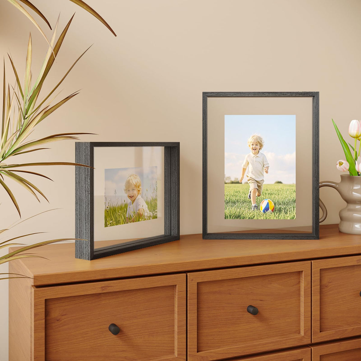 Egofine 11x14 Floating Frames Set of 2, Double Plexiglass Picture Frame, Made of Solid Wood Display Any Size Photo up to 11x14, Wall Mount or Tabletop Standing, Faded Black
