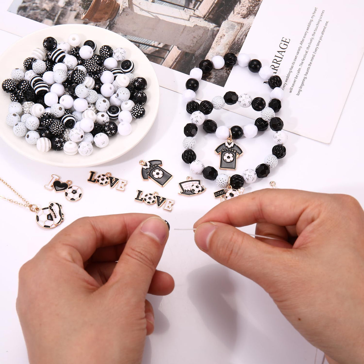 2500PCS+ Soccer Beads Charms for Bracelet Making Black White Acrylic Crystal Heishi Clay Beads Enamel Soccer Ball Jersey Charms for Game Day Bracelet Necklace Earrings Making DIY Crafts (Black White)