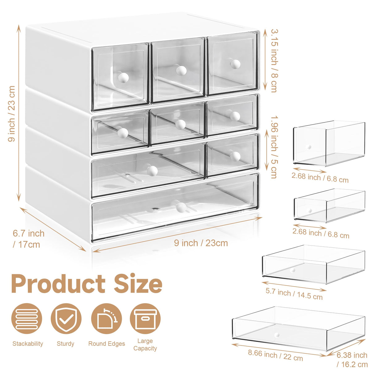 AZ. MIFENO Desk Organizer with 9 Drawers, 4 Tiers Stackable Storage Drawers, Desktop Storage Box with Clear Drawers for Stationery, Makeup, Jewelry, Office and Craft Supplies (White)